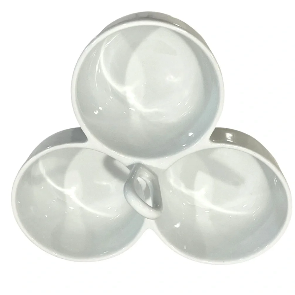 Crate & Barrel 3 Bowl Condiment Server White Porcelain Relish Tray w Handle